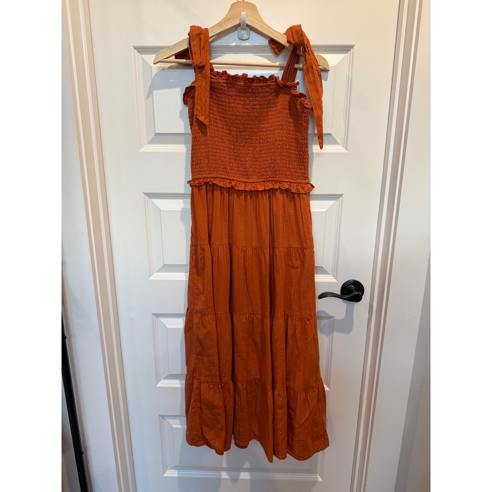 Aura Burnt Orange Smocked Tiered Midi Dress Tie Straps Pockets Small